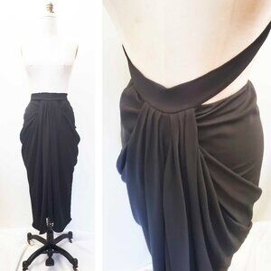 Rick Owens Vicious SS14 Womens Black  Front Draped Midi Skirt Elastic Waist Ties